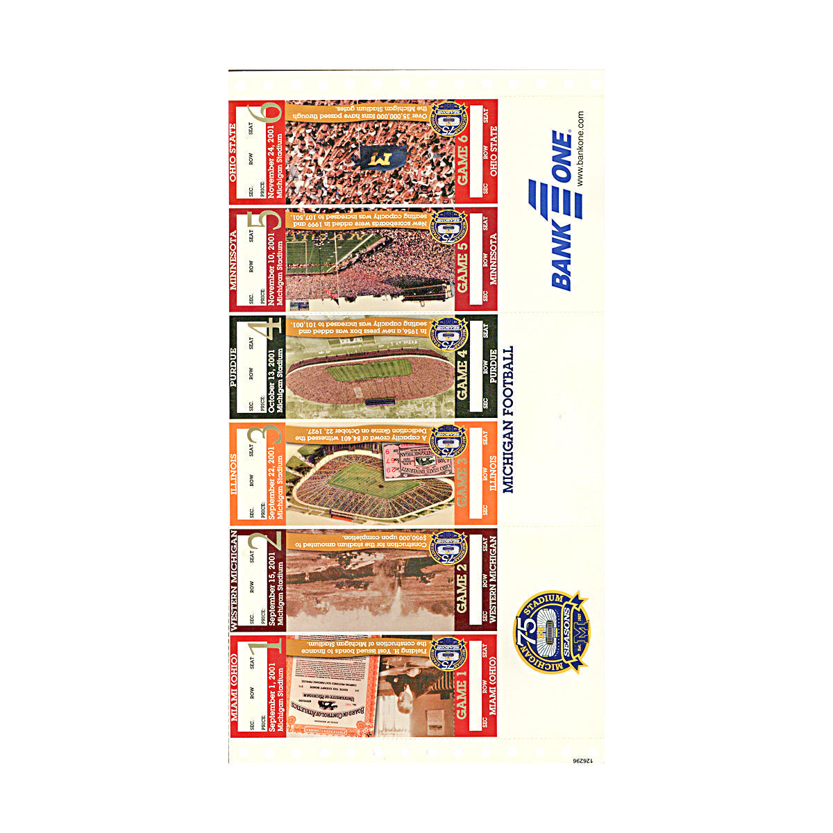 University of Michigan 2001 Home Season Ticket Strip RARE In White - Front View