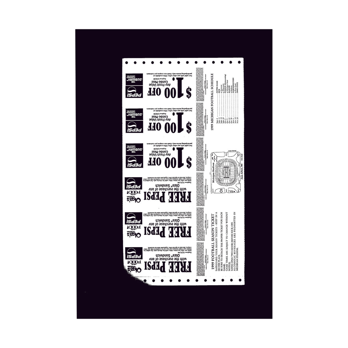 University of Michigan 1999 Home Season Ticket Strip Tom Brady Team MVP In White - Back View