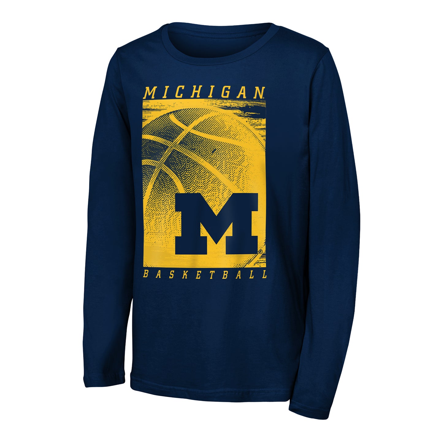 Michigan Wolverines Youth Long Sleeve Basketball Tee In Blue - Front View