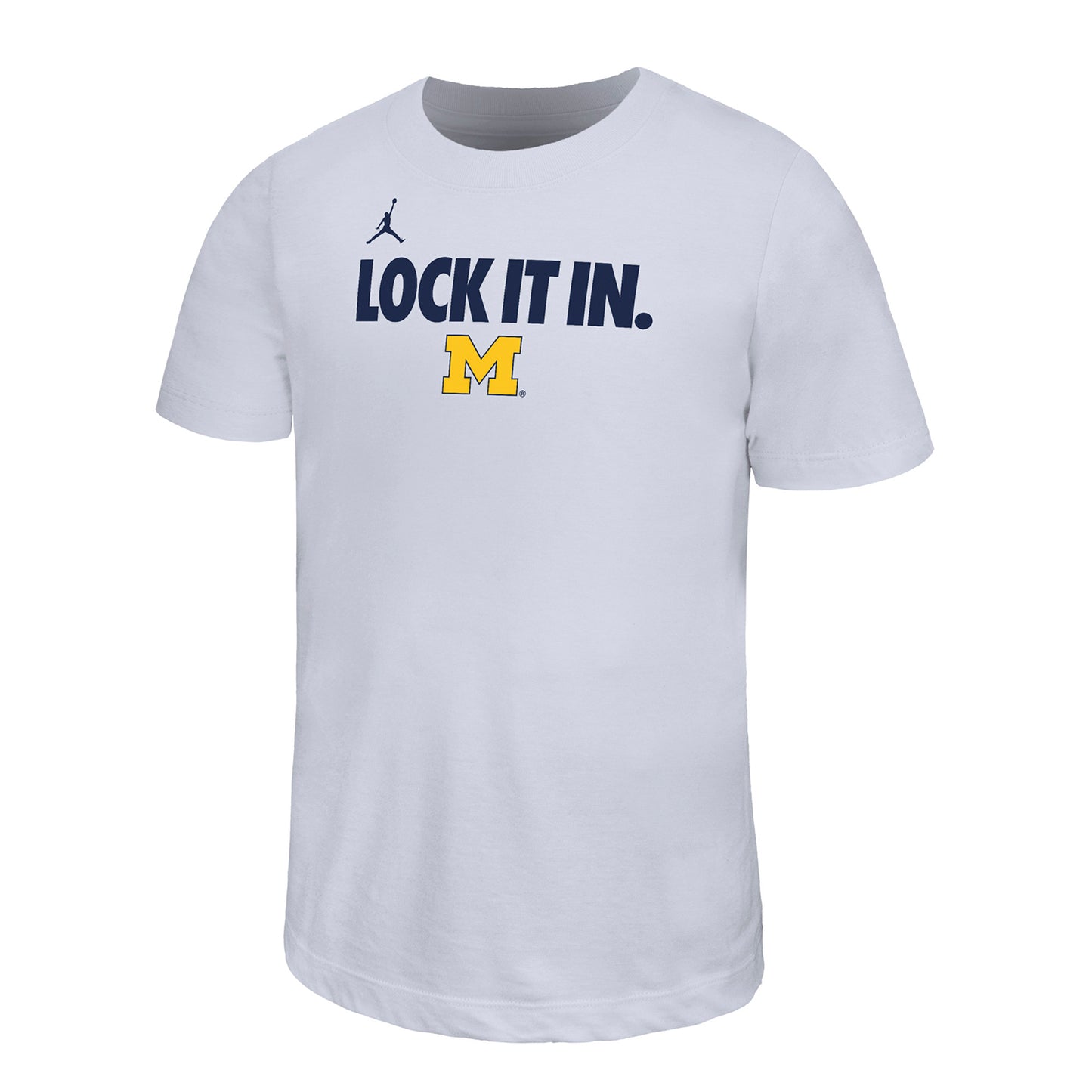 Michigan Wolverines Nike White Lock It In Youth Short Sleeve Bench Tee - Front View
