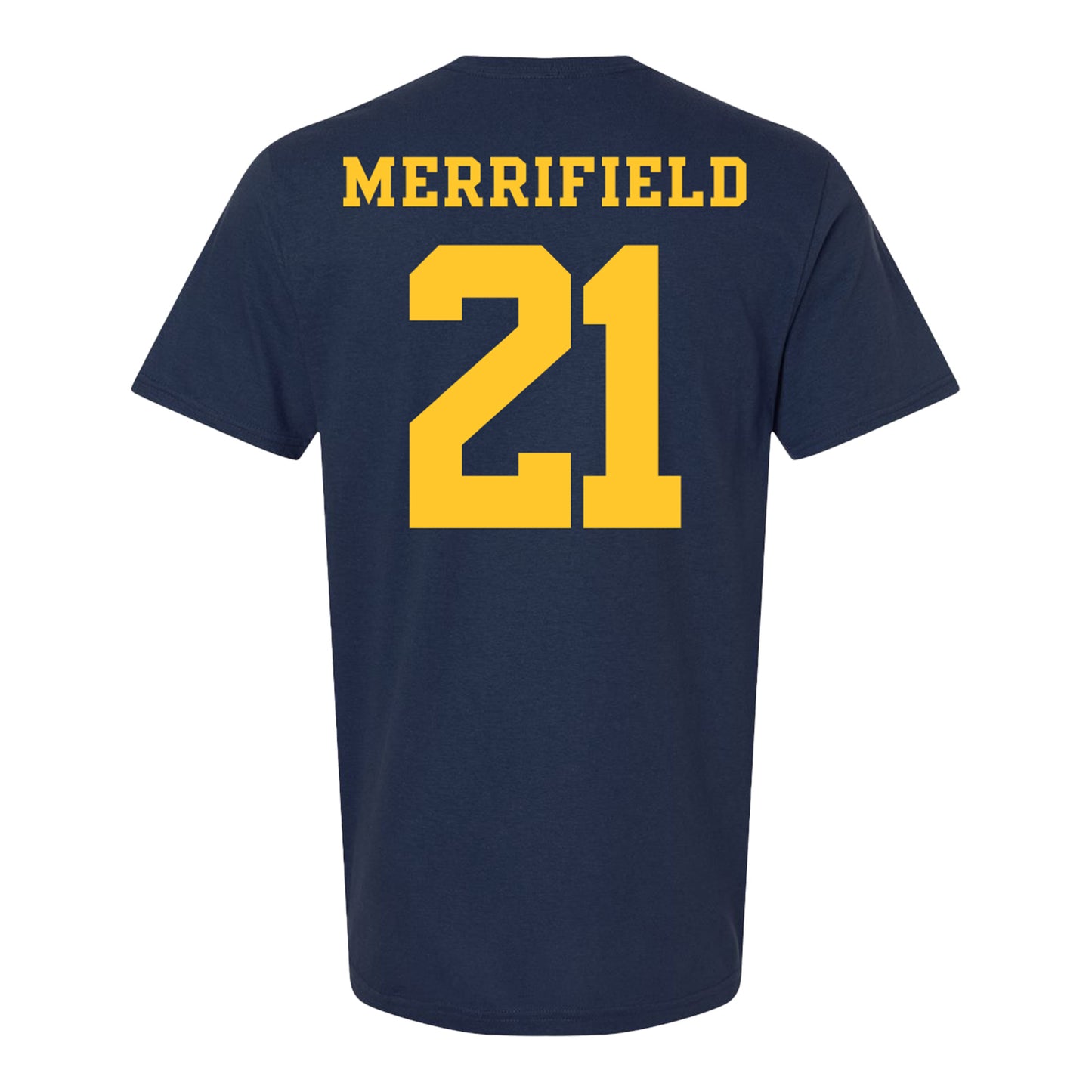 Michigan Wolverines Women's Lacrosse Student Athlete #21 Katharine Merrifield T-Shirt In Navy - Back View