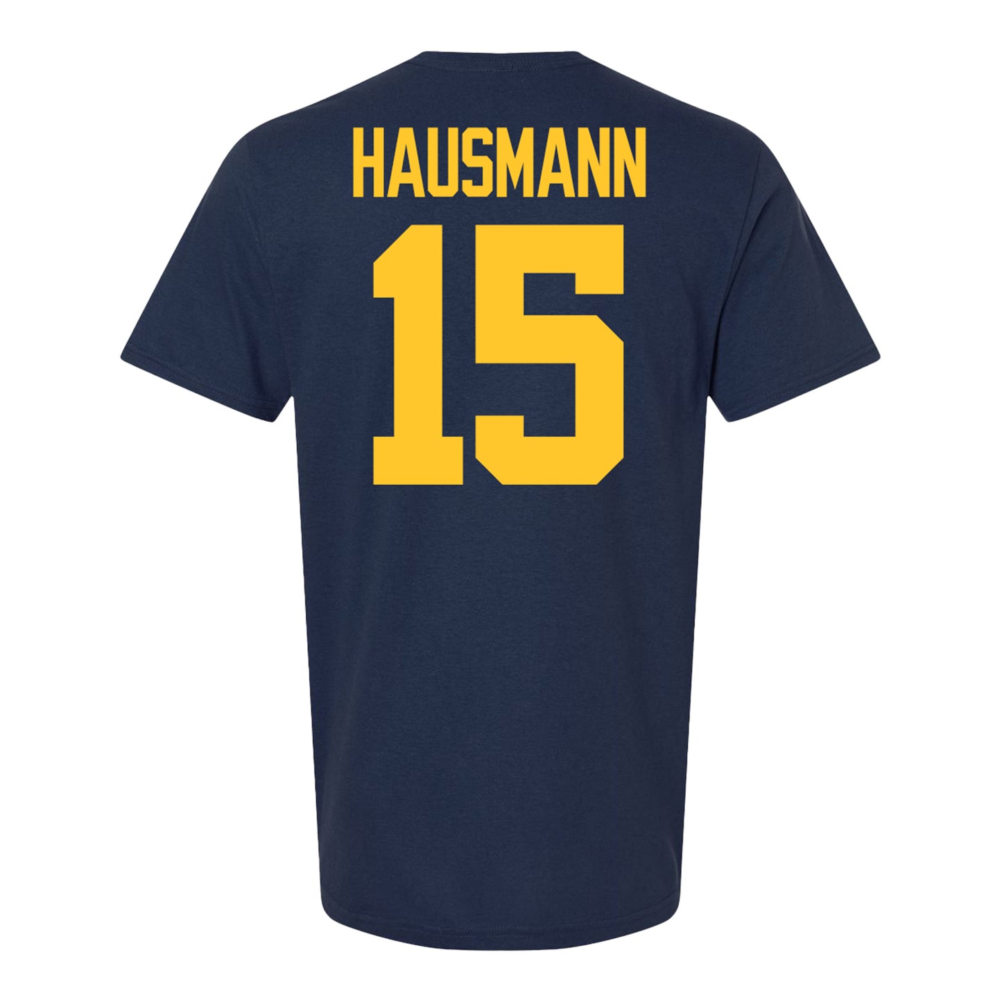 Michigan Wolverines #15 Ernest Hausmann Student Athlete Blue Football T-Shirt - Back View
