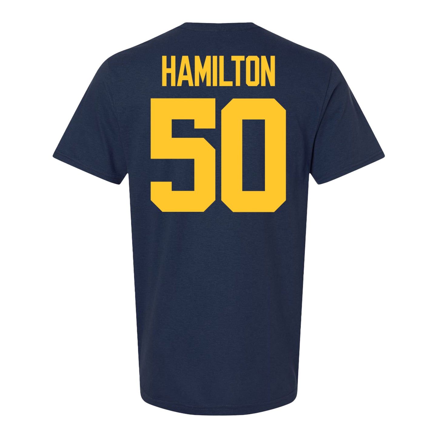 Michigan Wolverines #50 Luke Hamilton Student Athlete Blue Football T-Shirt - Back View
