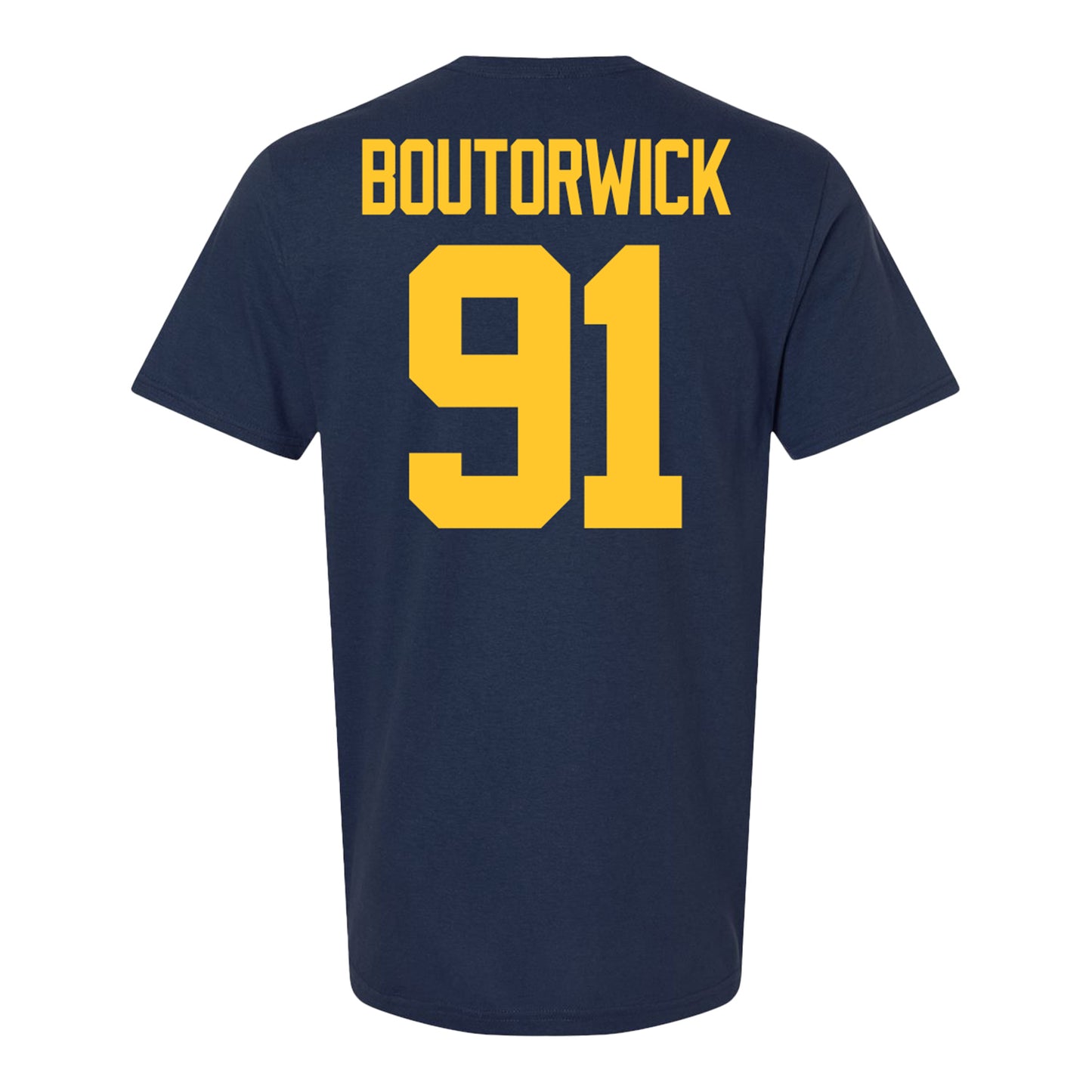 Michigan Wolverines #91 Evan Boutorwick Student Athlete Blue Football T-Shirt - Back View