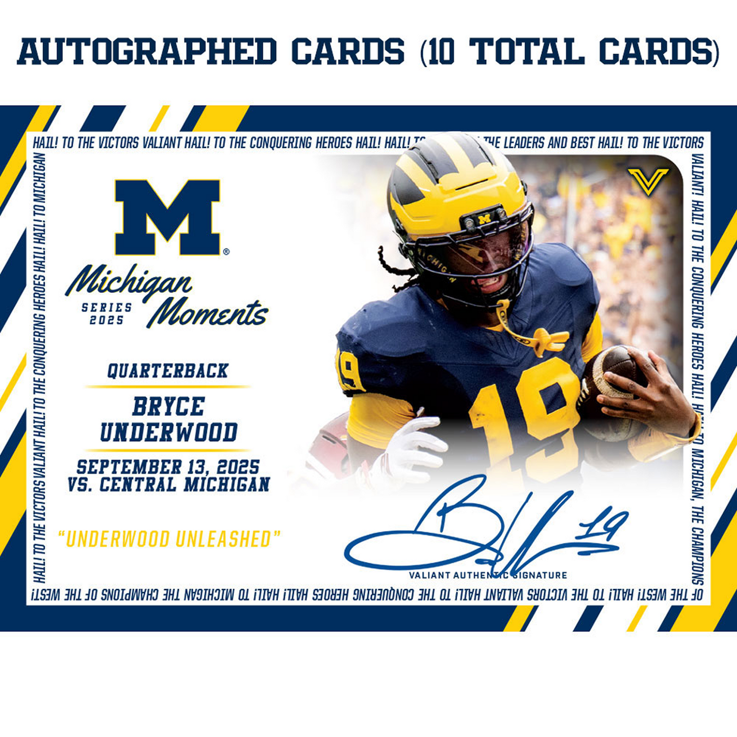 Valiant University of Michigan Football Bryce Underwood 2025 Michigan Moments Trading Card vs. Central Michigan (Chase Parallels and Autograph Cards) Autographed Card - Front View