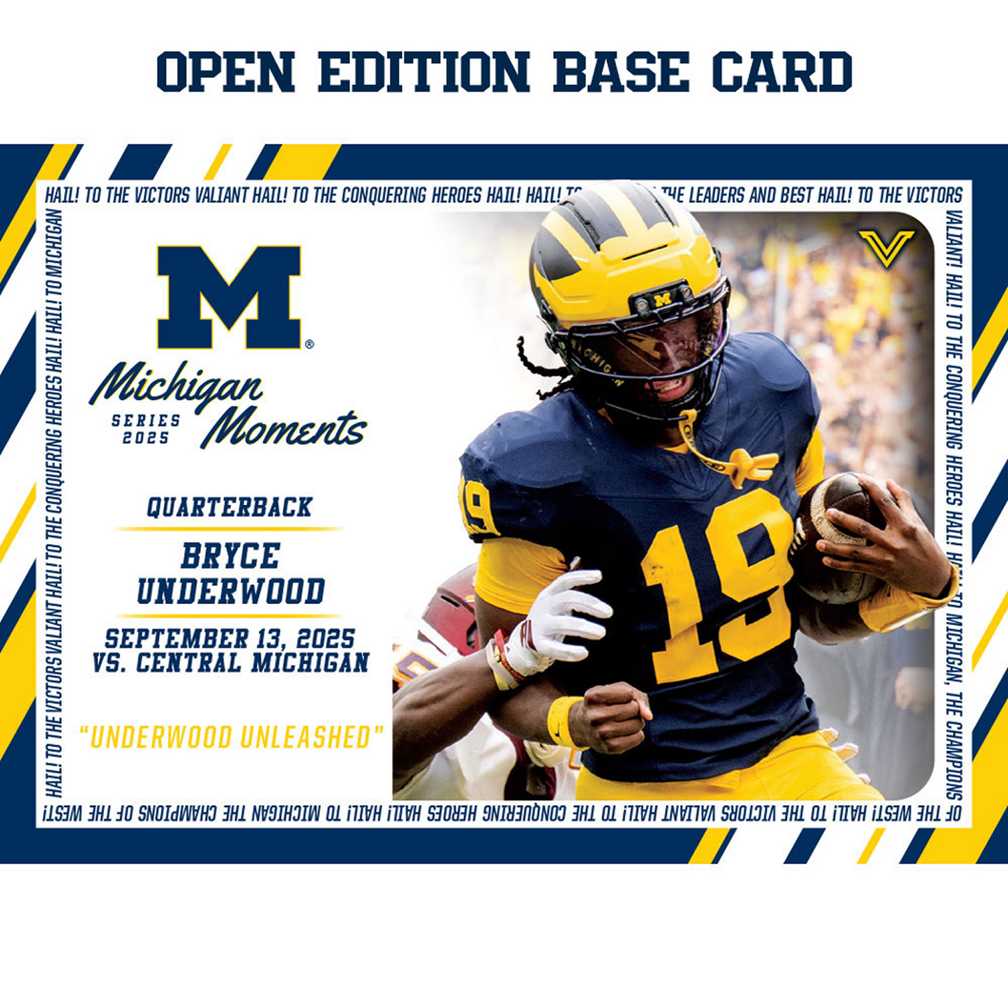 Valiant University of Michigan Football Bryce Underwood 2025 Michigan Moments Trading Card vs. Central Michigan (Chase Parallels and Autograph Cards) Base Card - Front View