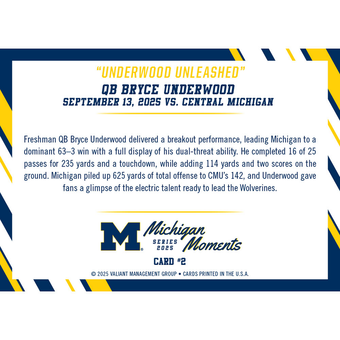 Valiant University of Michigan Football Bryce Underwood 2025 Michigan Moments Trading Card vs. Central Michigan (Chase Parallels and Autograph Cards) Base Card - Back View