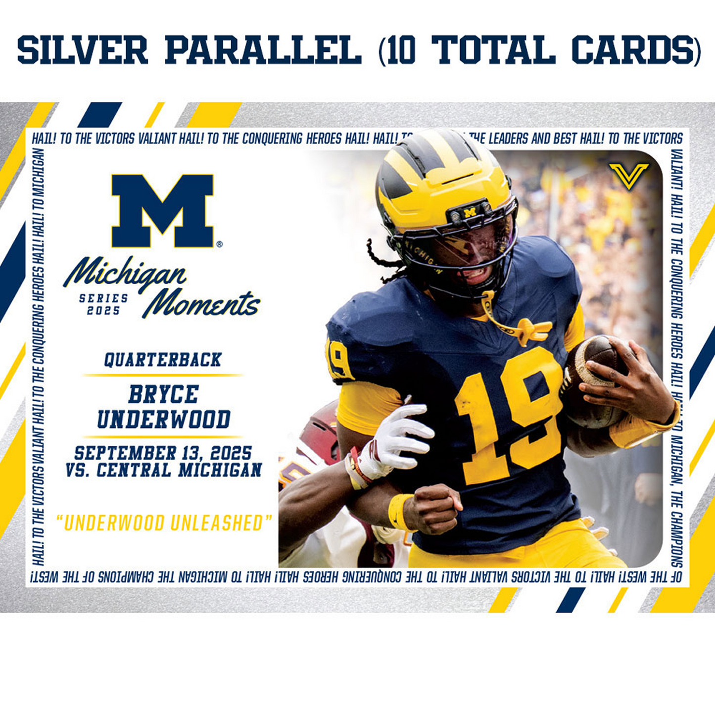 Valiant University of Michigan Football Bryce Underwood 2025 Michigan Moments Trading Card vs. Central Michigan (Chase Parallels and Autograph Cards) Silver Card - Front View