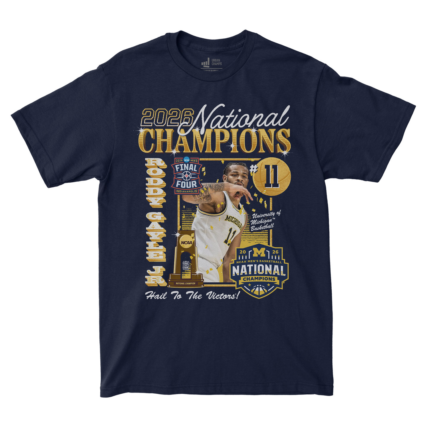 Michigan Wolverines Men's Basketball Campus Ink 2026 National Champion #11 Roddy Gayle Jr. T-Shirt - Front View
