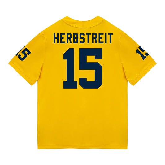 Michigan Wolverines #15 Chase Herbstriet Student Athlete Maize Football Jersey - Back View