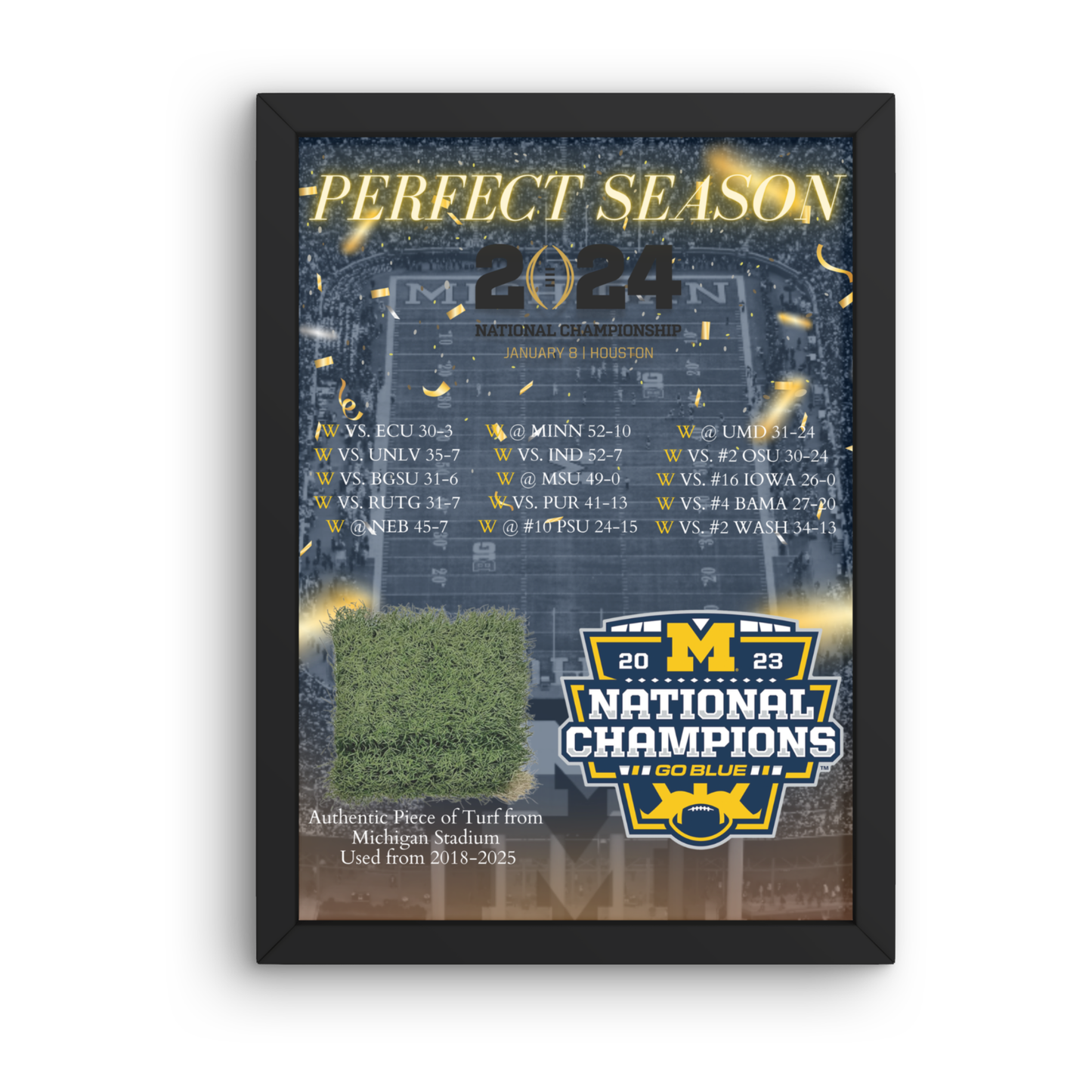 University of Michigan 2024 Perfect Season Framed Collage with Authentic Piece of Michigan Stadium Turf