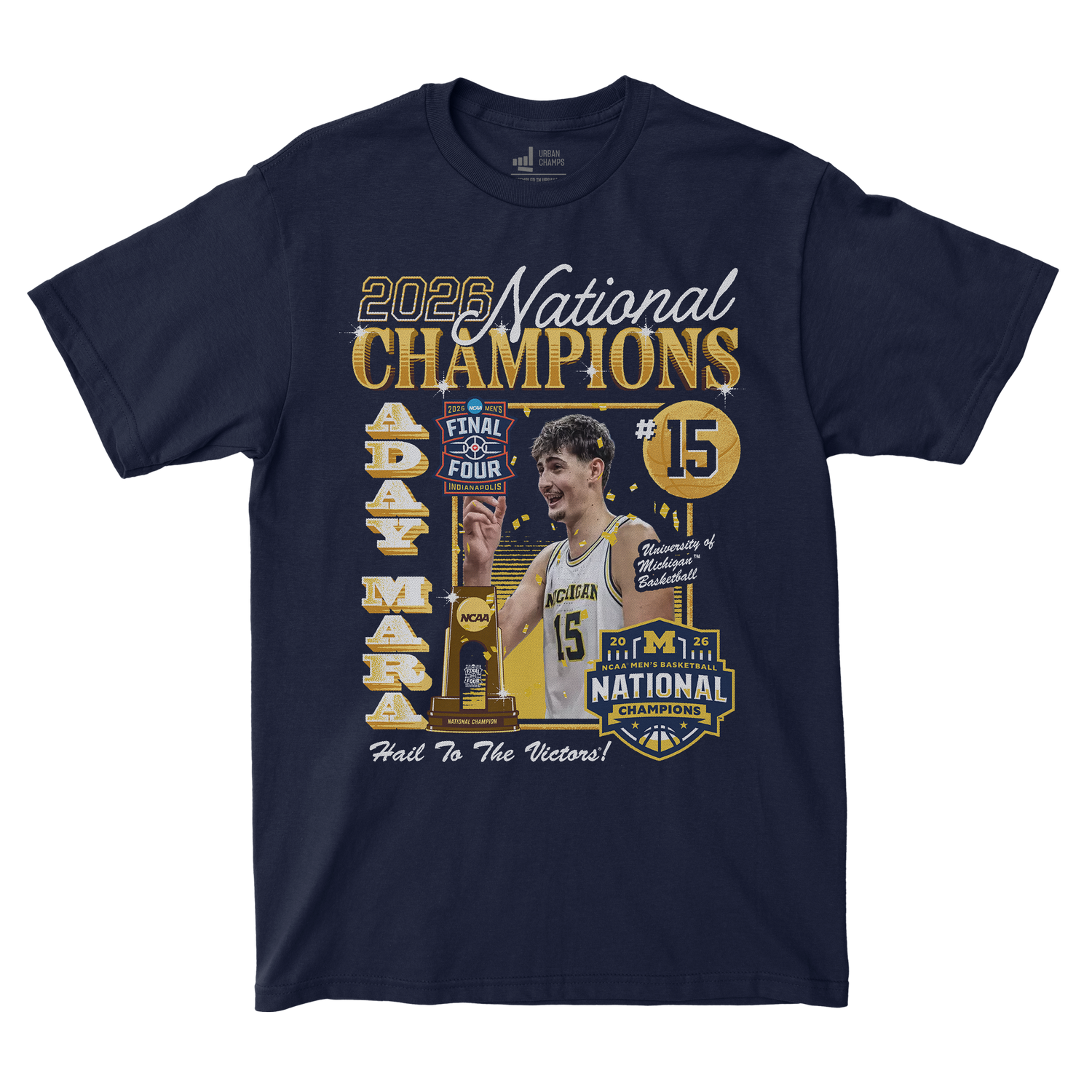 Michigan Wolverines Men's Basketball Campus Ink 2026 National Champion #15 Aday Mara T-Shirt - Front View