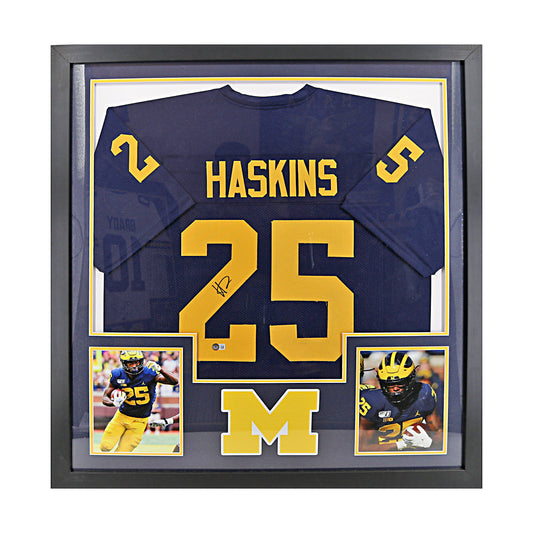 Hassan Haskins Signed Michigan Framed Pro-Style Blue Jersey (Beckett Auth) - Front View