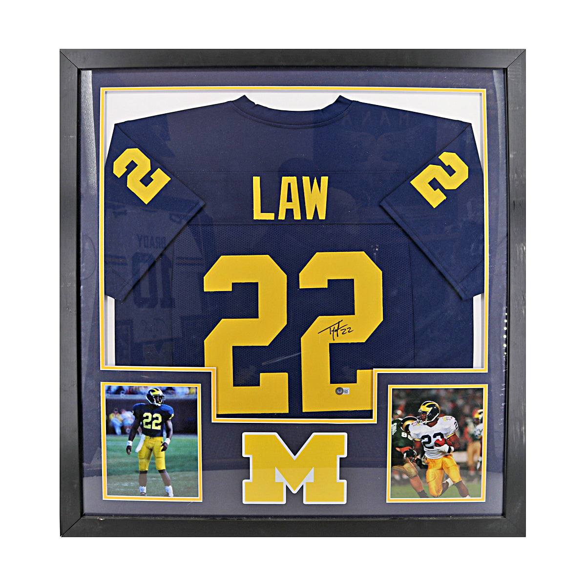 Ty Law Signed Michigan Wolverines Framed Pro-Style Blue Jersey (Beckett Auth) - Front View
