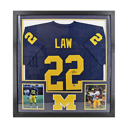 Ty Law Signed Michigan Wolverines Framed Pro-Style Blue Jersey (Beckett Auth) - Front View