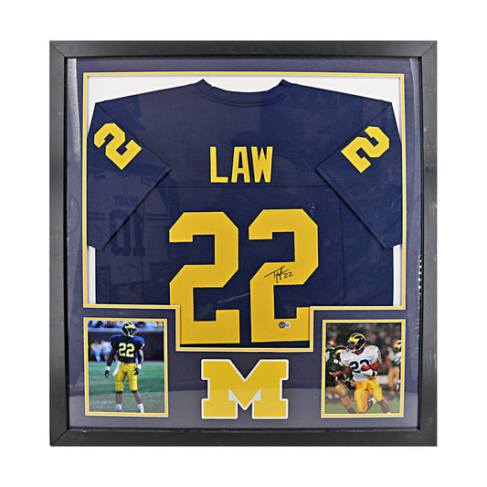 Ty Law Signed Michigan Wolverines Framed Pro-Style Blue Jersey (Beckett Auth) - Front View