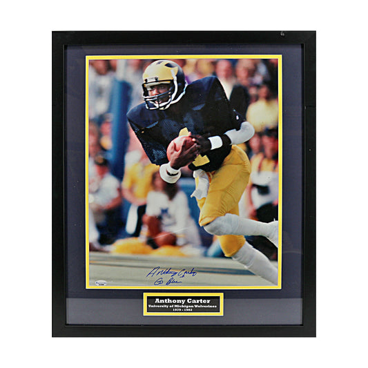 Anthony Carter Michigan Wolverines Autographed Signed Inscribed 16x20 Running Framed Photo (Sports Collectibles COA) - Front View