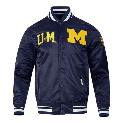 Michigan Wolverines Classic Rib Satin Jacket in Navy - Front View