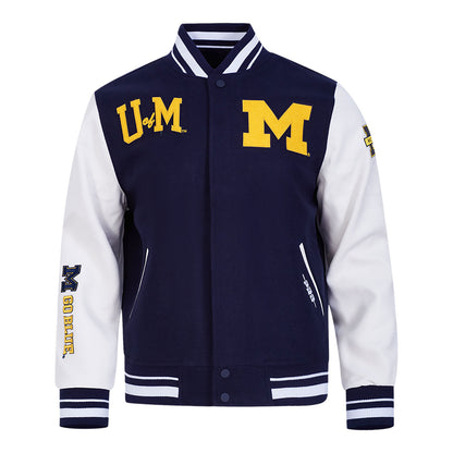 Michigan Wolverines Classic Ribbed Wool Varsity Jacket In Navy - Front View