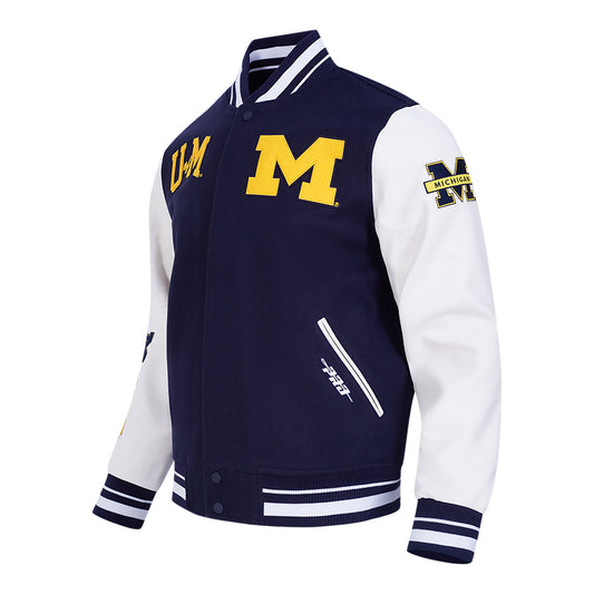 Michigan Wolverines Classic Ribbed Wool Varsity Jacket In Navy - Front View