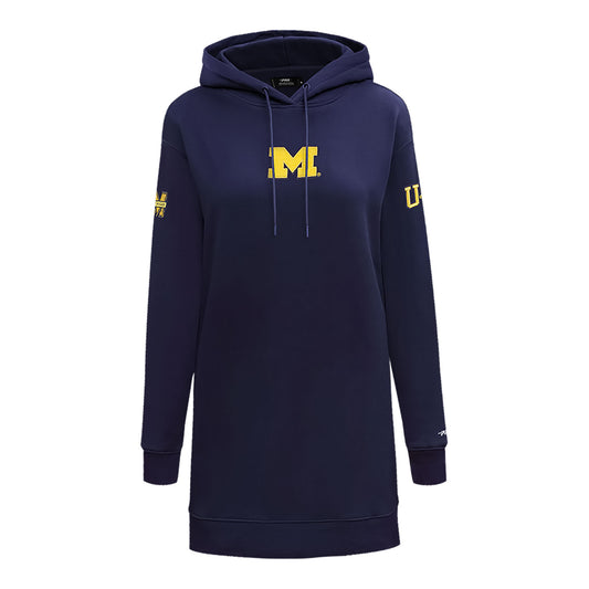 Michigan Wolverines Classic Ladies Fleece Hoodie Dress In Navy - Front View