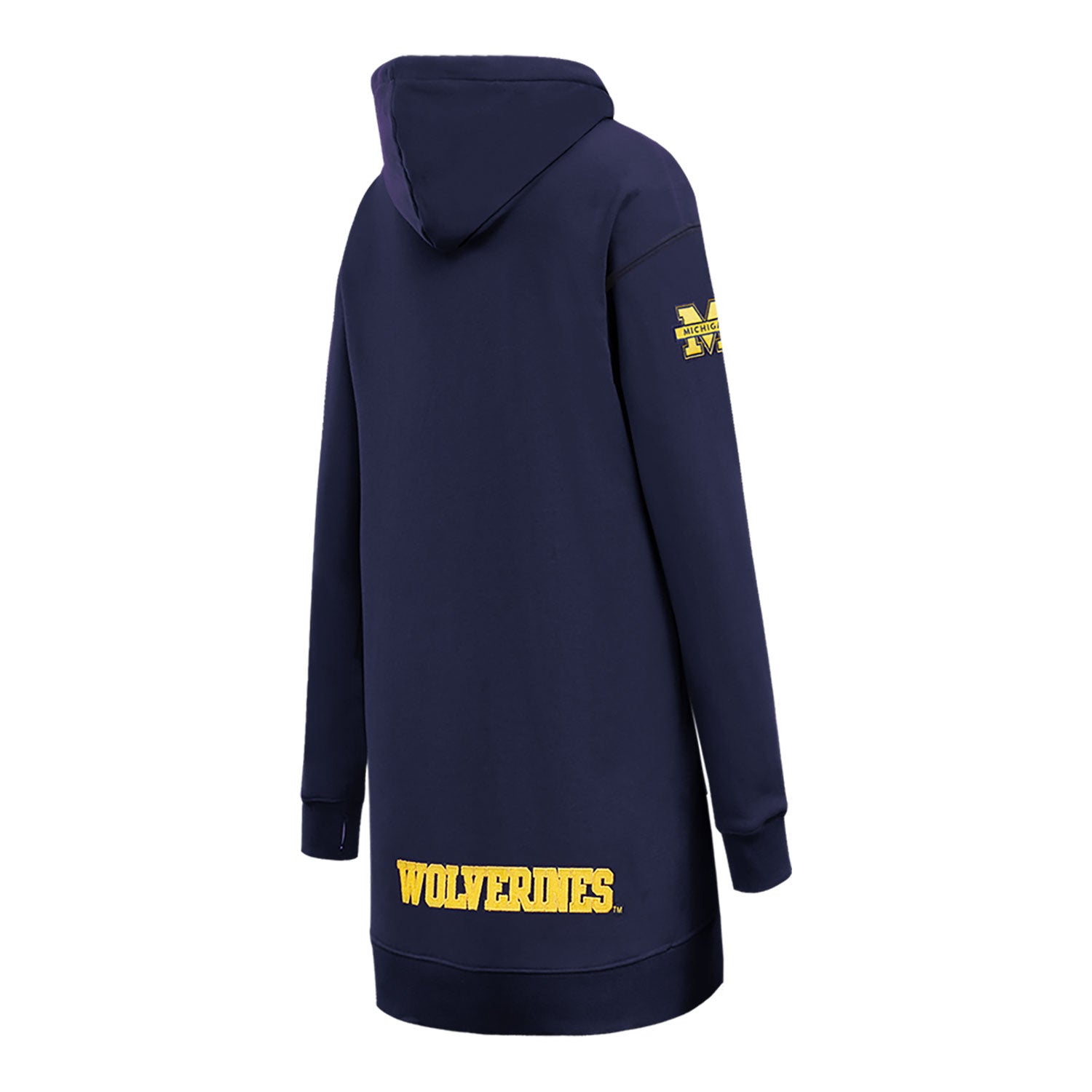 Michigan Wolverines Classic Ladies Fleece Hoodie Dress In Navy - Back Side View