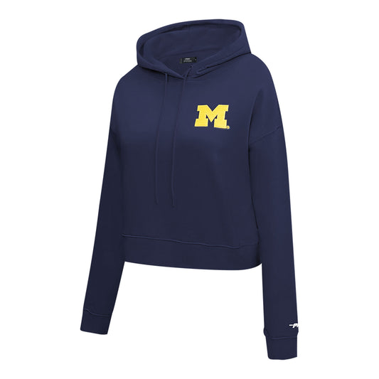 Michigan Wolverines Classic Ladies Cropped Fleece Pullover Hoodie In Navy - Front Side View