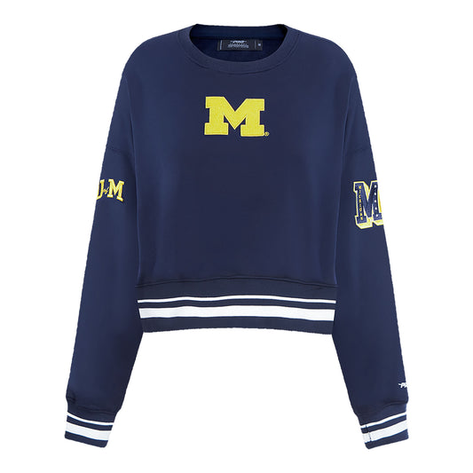 Michigan Wolverines Classic Ladies Ribbed Fleece Crewneck Sweatshirt In Navy - Front View