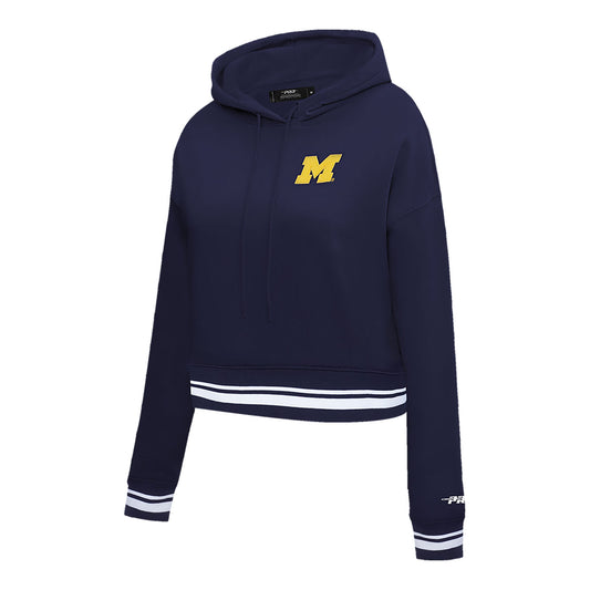 Michigan Wolverines Classic Ladies Ribbed Fleece Cropped Pullover Hoodie In Navy - Front Side View