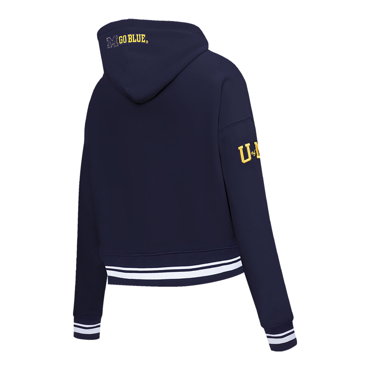 Michigan Wolverines Classic Ladies Ribbed Fleece Cropped Pullover Hoodie In Navy - Back Side View