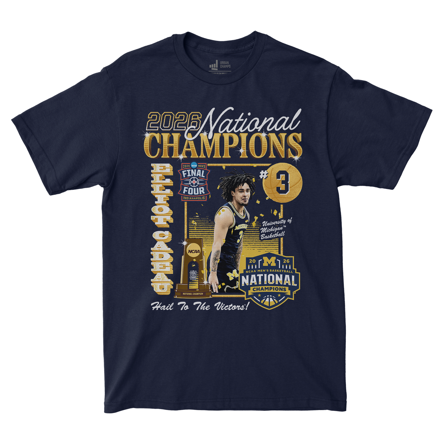 Michigan Wolverines Men's Basketball Campus Ink 2026 National Champion #3 Elliot Cadeau T-Shirt - Front View