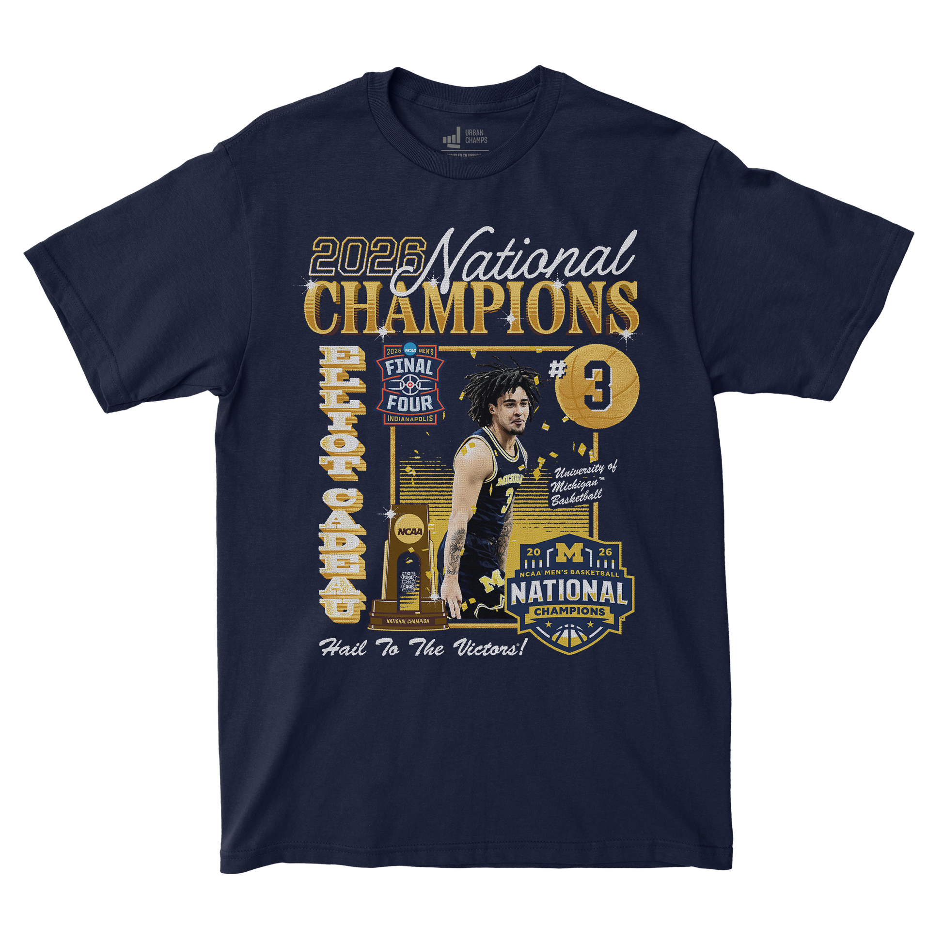 Michigan Wolverines Men's Basketball Campus Ink 2026 National Champion #3 Elliot Cadeau T-Shirt - Front View