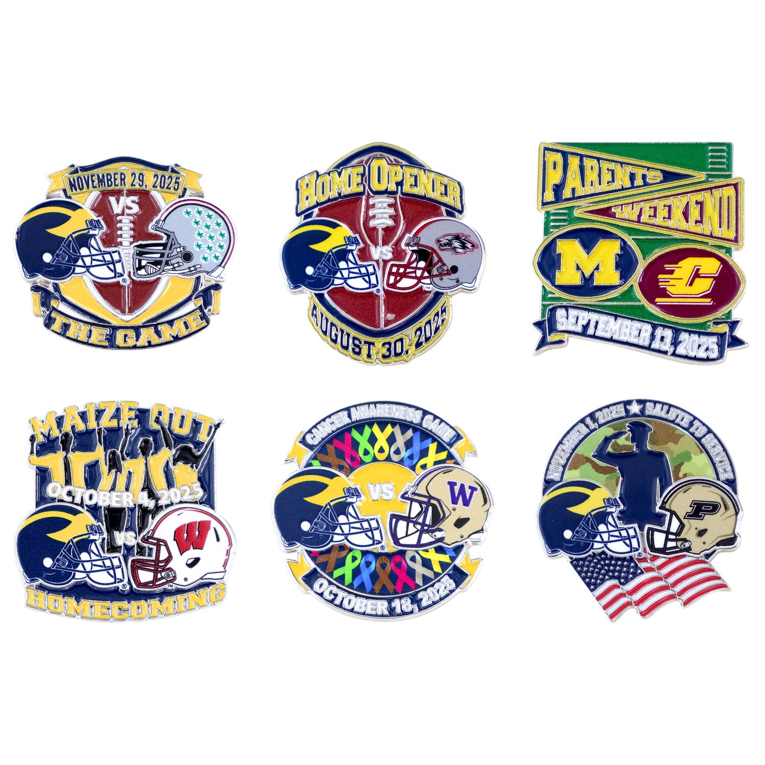 Michigan Wolverines 2025 Gameday Football Hatpins Bundle In Multi-Color - All 6 Front View