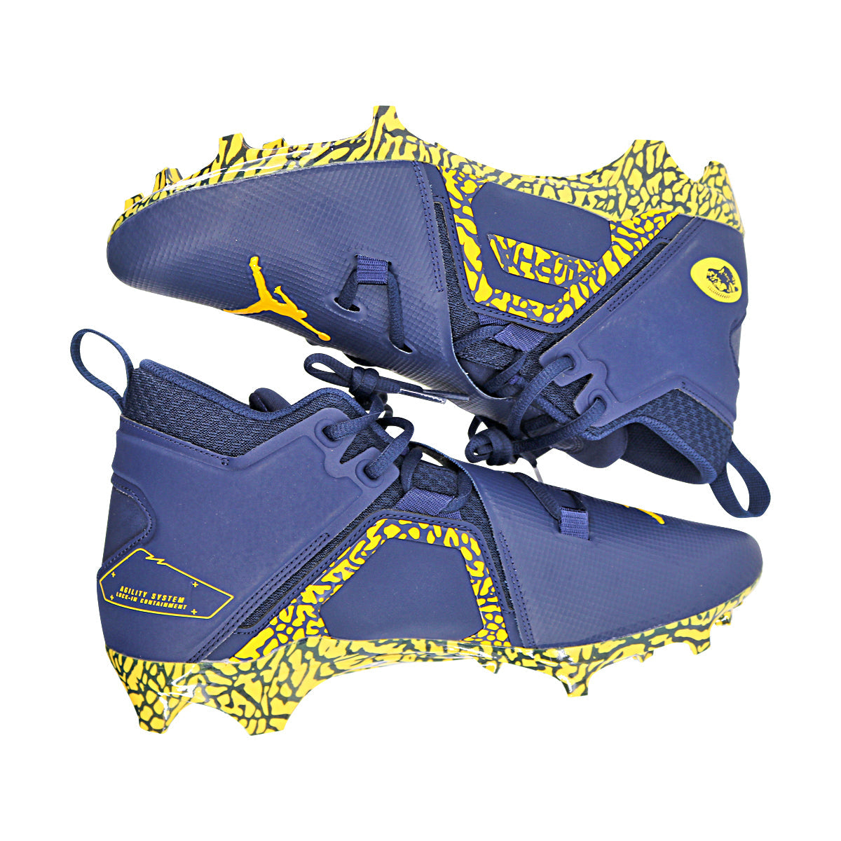 Jordan Brand Alpha Menace Pro 3 University of Michigan Team Issued Cleat Size 10.5 In Blue - Above View