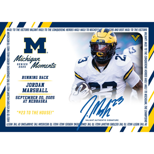 Valiant University of Michigan Football Jordan Marshall 2025 Michigan Moments Trading Card vs. Nebraska - Front View