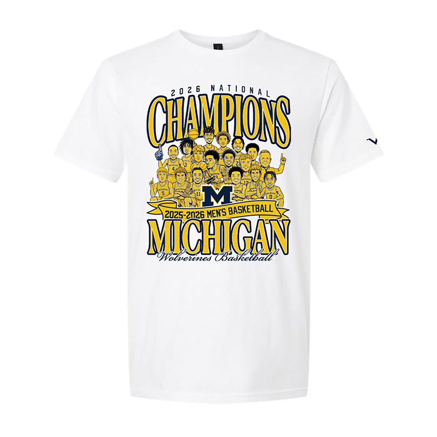 Michigan Wolverines Men's Basketball Valiant 2026 National Championship Team Caricature T-Shirt - Front View
