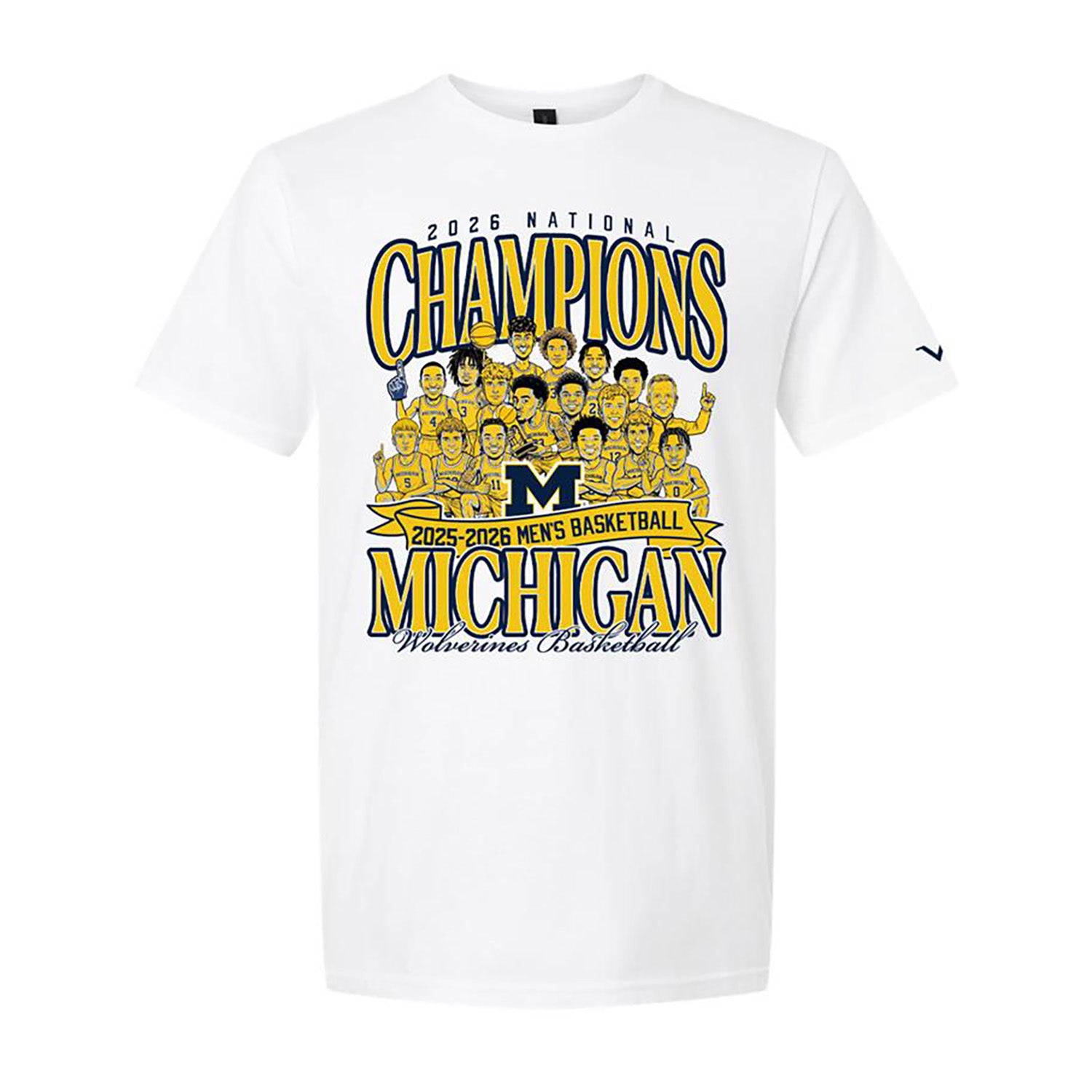 Michigan Wolverines Men's Basketball Valiant 2026 National Championship Team Caricature T-Shirt - Front View