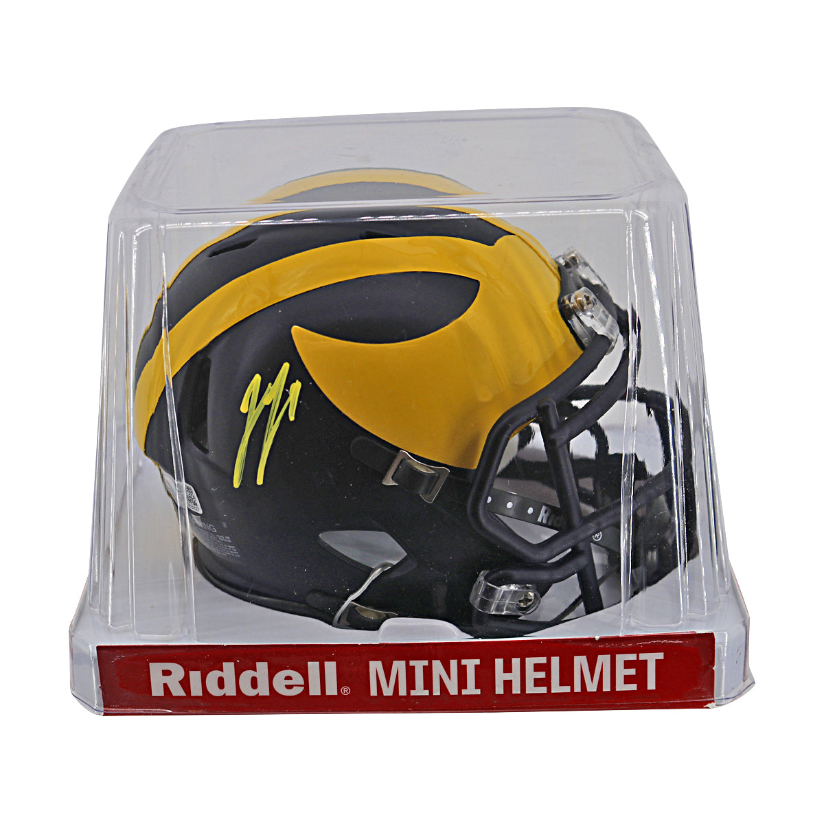 JJ McCarthy University of Michigan Autographed Riddell Mini Helmet (CX Auth) - In Case View