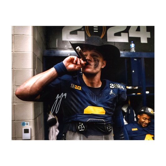 JJ McCarthy University of Michigan Autographed Signed Celebrating in Cowboy Hat 16x20 Photograph (Beckett Auth) - Front View