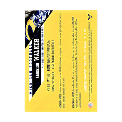 Amorion Walker Michigan Wolverines Autographed Signed Valiant Limited Edition Foil Signature Parallel Trading Card (CX Champions Circle LOA) - Back View
