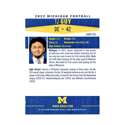 TJ Guy Michigan Wolverines Autographed Signed 2022 Valiant Trading Card (CX Champions Circle LOA) - Back View