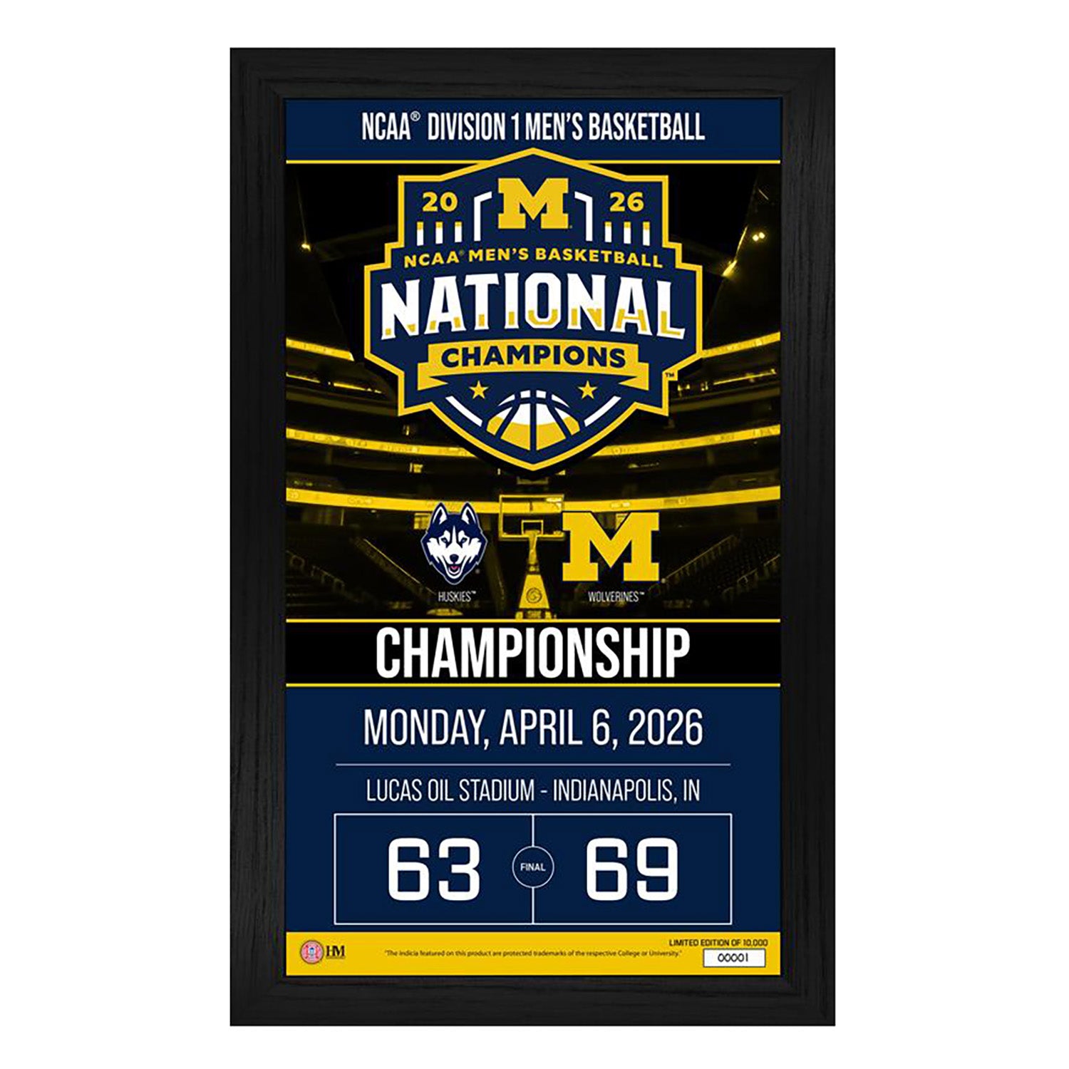 Michigan Wolverines Men's Basketball National Champions Game Day Frame - Front View