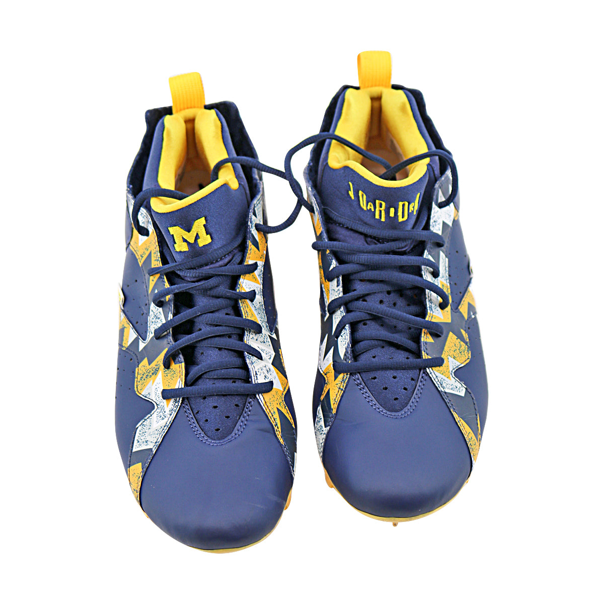 Michigan Wolverines Team Issued Jordan 7 Size 11.5 Player Exclusive Cleats In Blue - Front View
