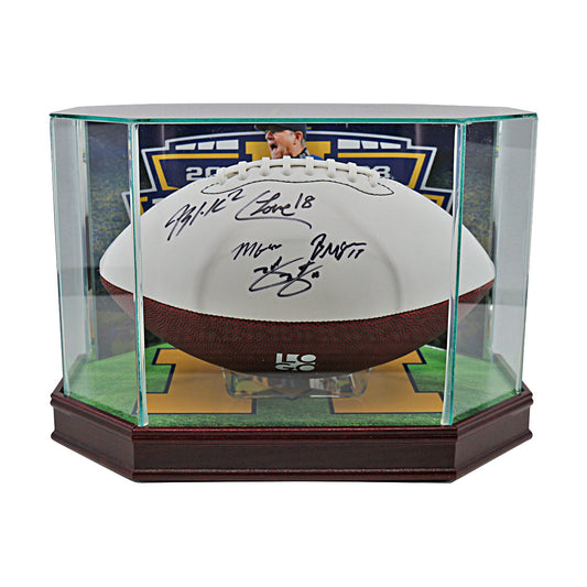 Corum, Zinter, McGregor, Loveland, Graham Michigan Wolverines Autographed Signed 5 Signature 2023 National Champions Logobrands Football with Custom Designed Glass Case In Case - Front View