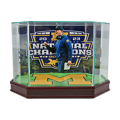 Corum, Zinter, McGregor, Loveland, Graham Michigan Wolverines Autographed Signed 5 Signature 2023 National Champions Logobrands Football with Custom Designed Glass Case In Case - Back Case View
