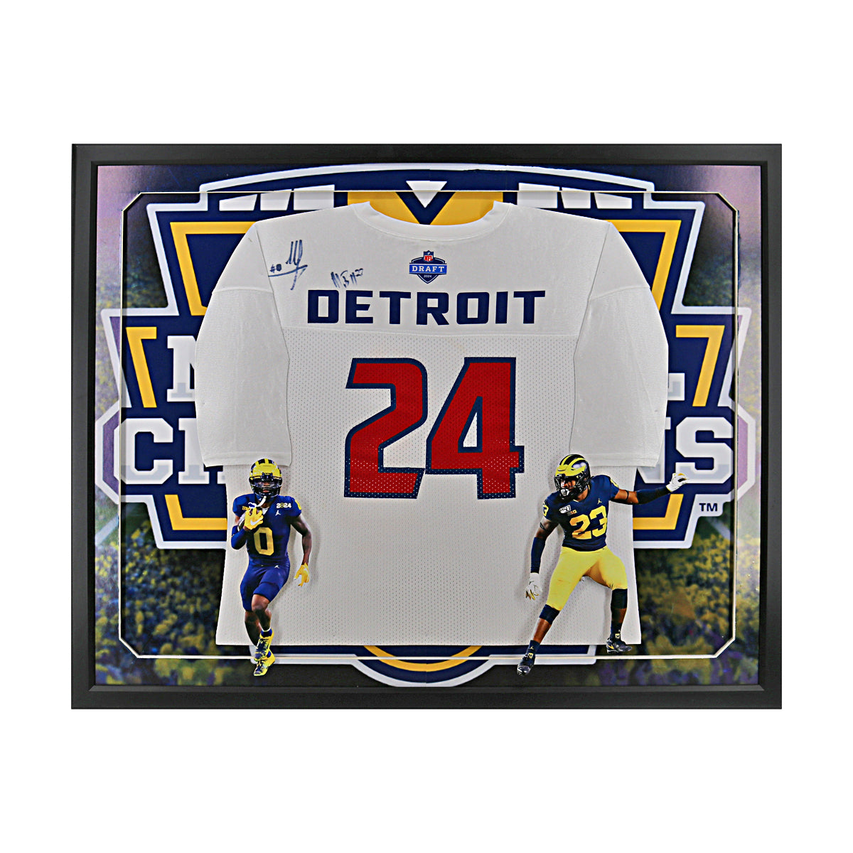 Mike Sainristril & Michael Barrett Michigan Wolverines Dual Autographed Signed 2024 Draft Day Framed Jersey Collage - Front View