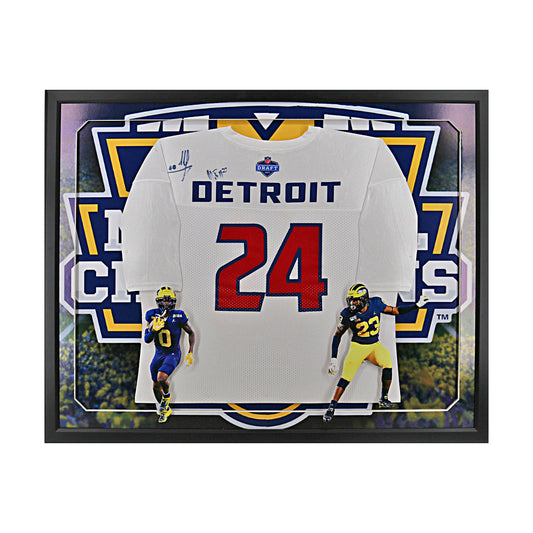 Mike Sainristril & Michael Barrett Michigan Wolverines Dual Autographed Signed 2024 Draft Day Framed Jersey Collage - Front View