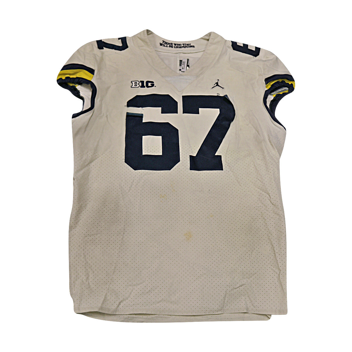Jess Speight Michigan Wolverines #67 2018 Practice Used White Jordan Brand Jersey - Front View