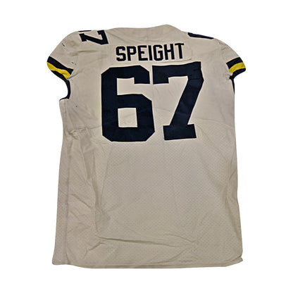 Jess Speight Michigan Wolverines #67 2018 Practice Used White Jordan Brand Jersey - Back View