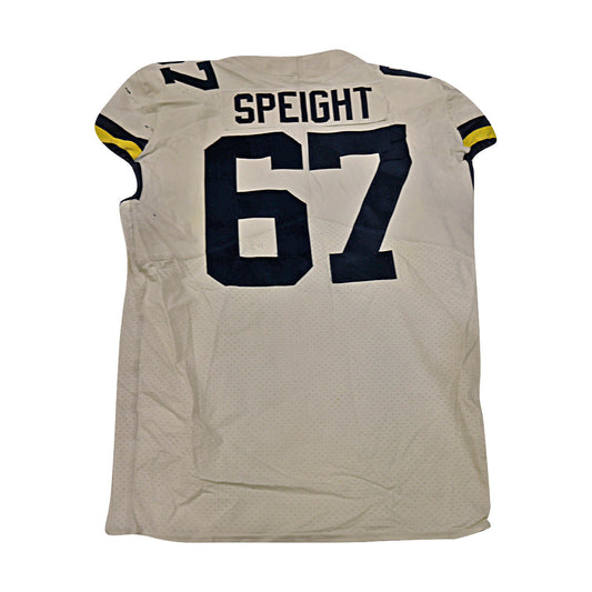 Jess Speight Michigan Wolverines #67 2018 Practice Used White Jordan Brand Jersey - Back View